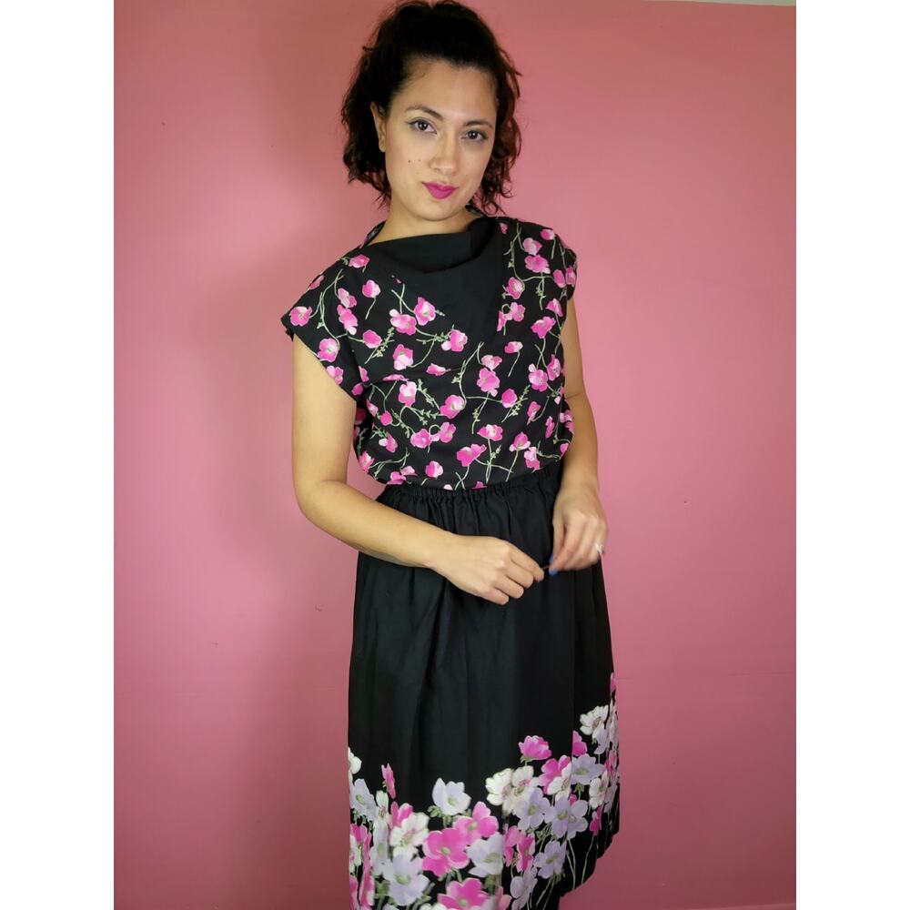 Size Large Vintage 1950's Black and Pink Flower Print 2 Piece Top and Skirt Set